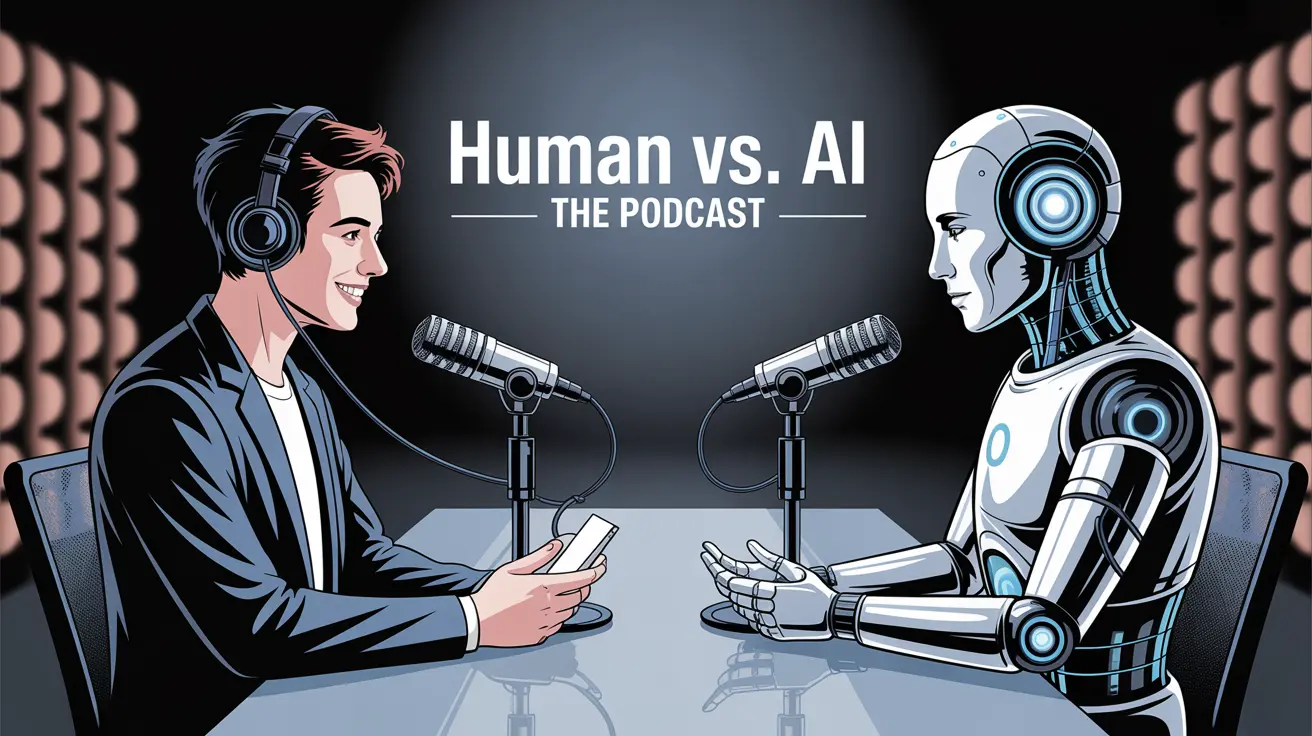 Human host icon side by side with AI robot icon producing parallel podcast episodes