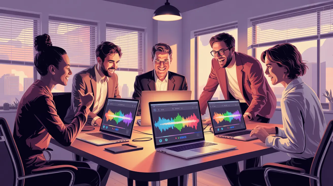 Creative agency team gathered around laptops producing multiple podcast waveforms on screen