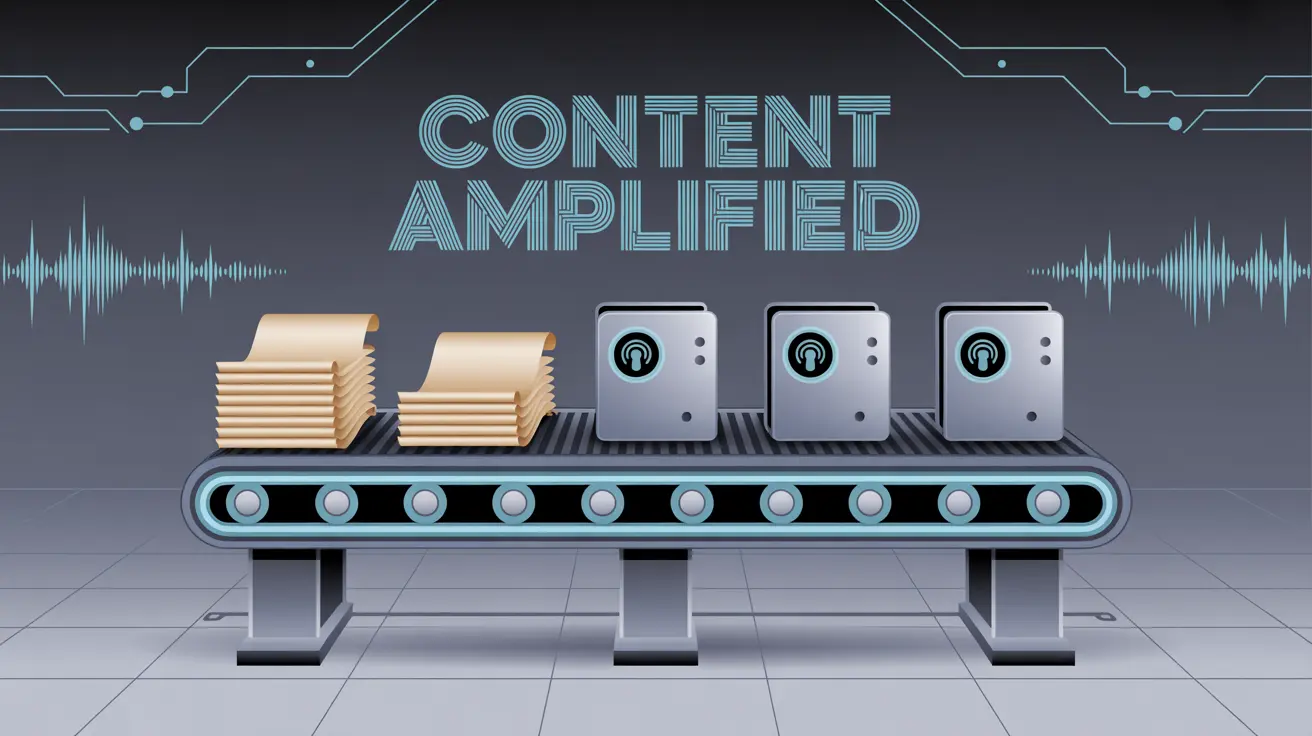 Factory conveyor belt turning raw scripts into polished podcast files, symbolizing scale