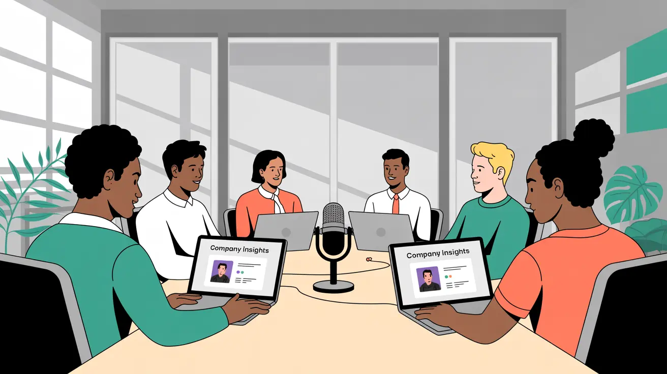 Modern SaaS office with diverse team listening to company podcast on laptops and phones