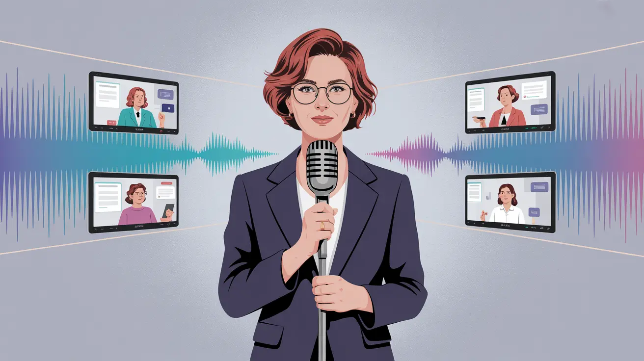 CEO avatar speaking into a mic with soundwaves broadcast to employees on mobile devices
