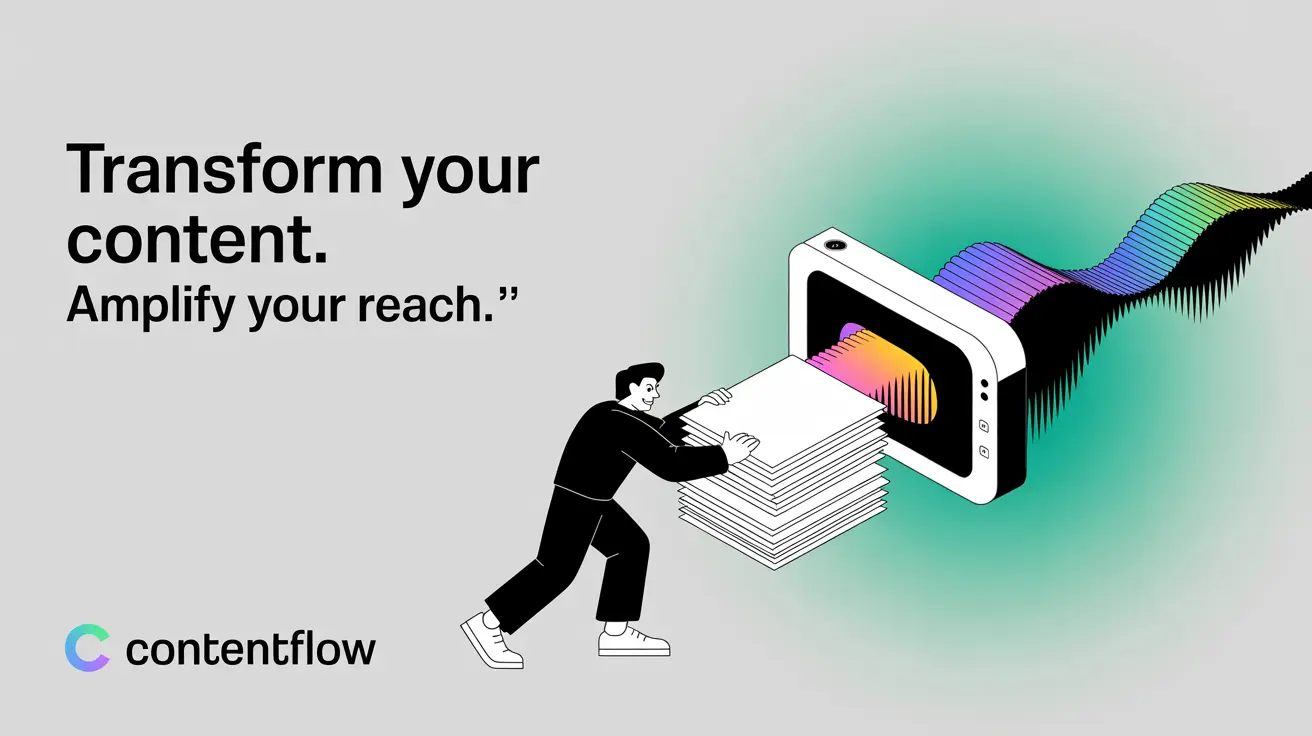 Illustration of marketer dragging documents into an audio wave converter, symbolizing content repurposing