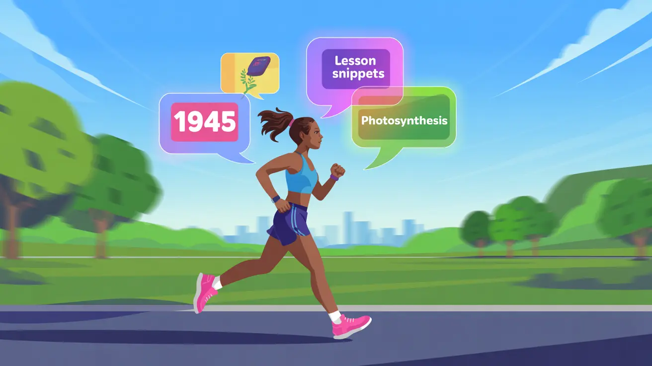 Student jogging with earbuds, listening to short lesson snippets displayed as audio bubbles