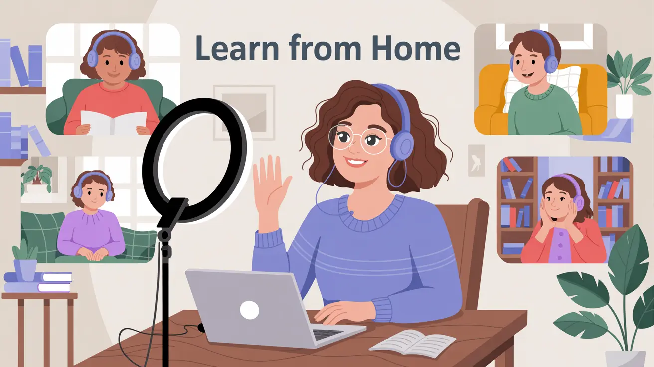 Teacher recording a lesson at home studio while students listen on headphones in various locations