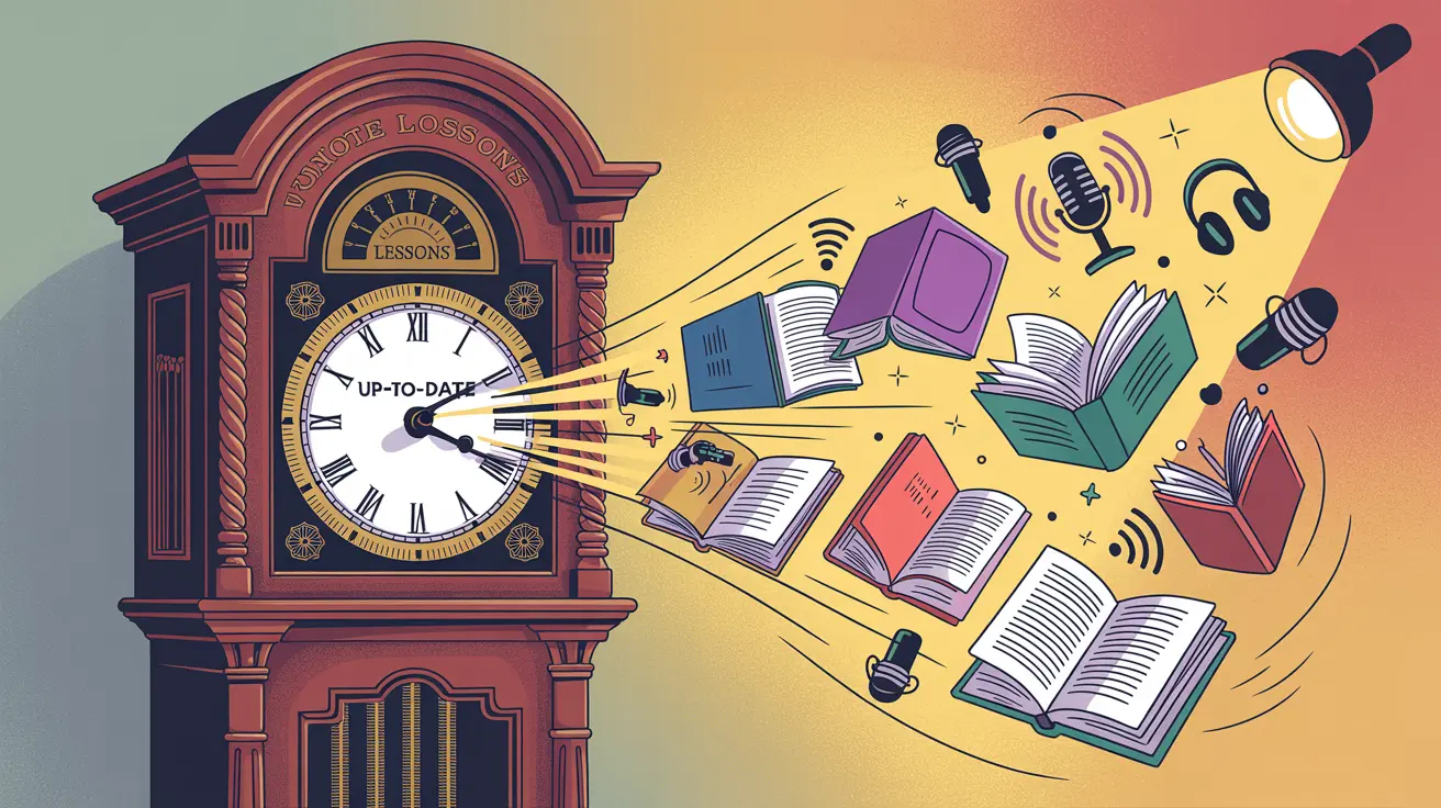 Clock with spinning arrow transforming textbooks into podcast icons, symbolizing up to date lessons