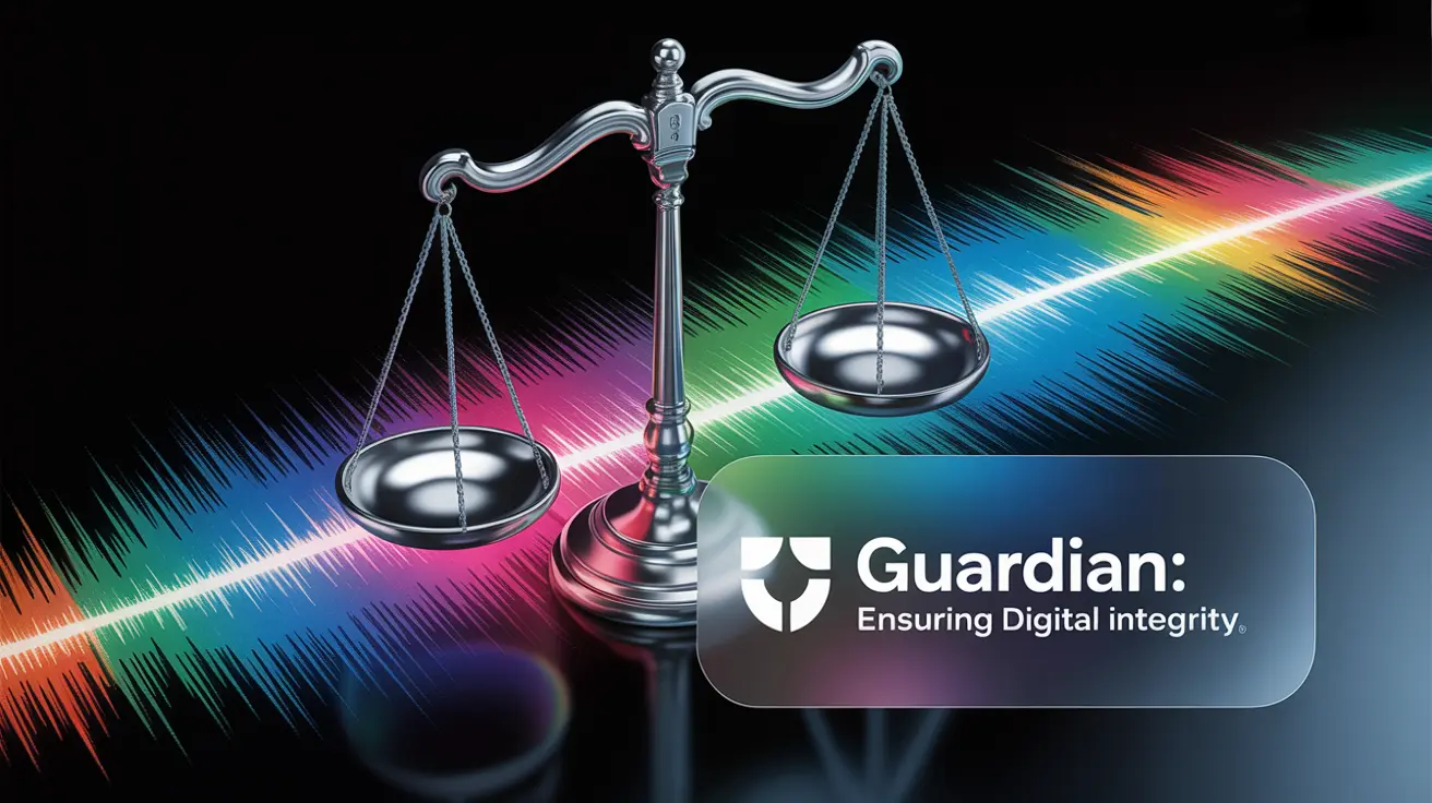 Scales of justice overlaying an audio waveform representing compliance updates