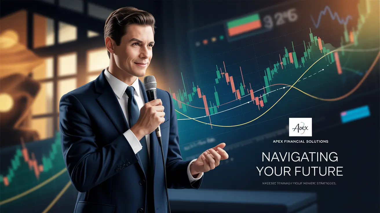 Financial analyst at mic with stock charts in background symbolizing expert commentary
