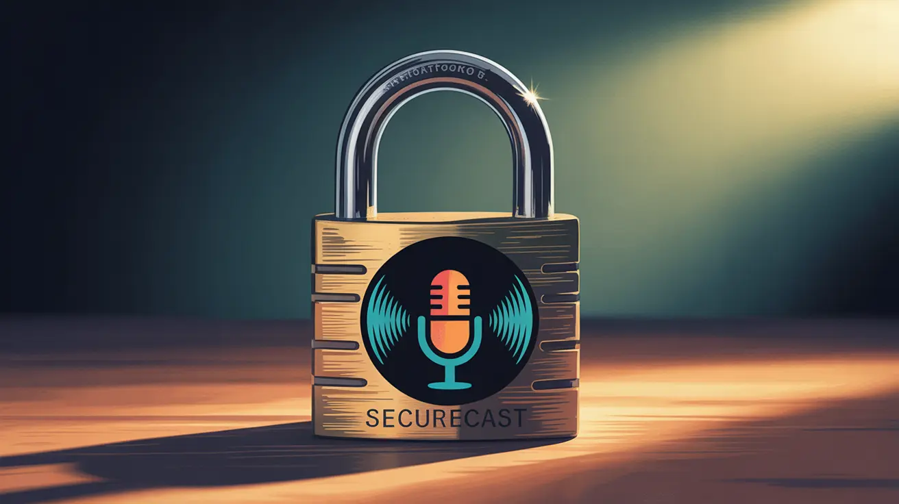 Locked padlock over a podcast icon representing secure audio distribution