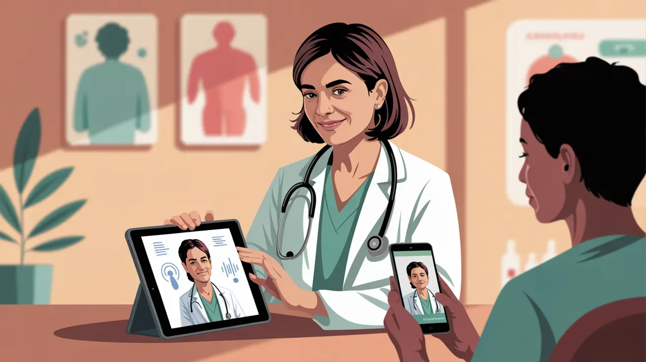 Healthcare professional using tablet to record podcast while patient listens on phone