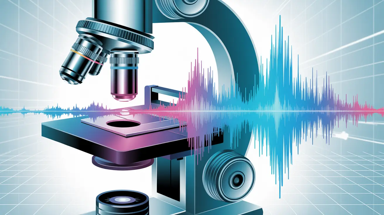 Microscope image transitioning into crisp audio waveform, symbolizing medical precision