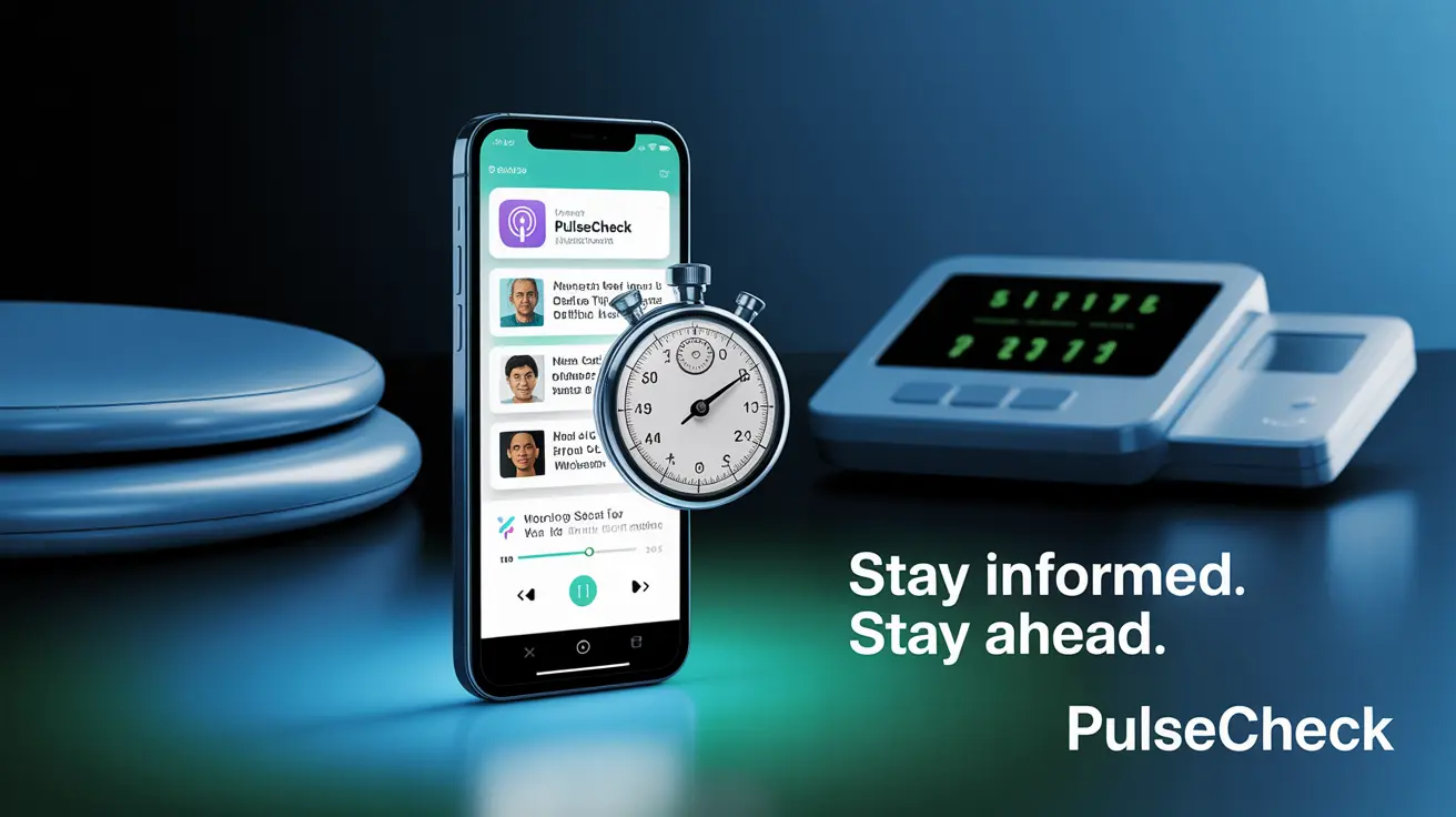 Stopwatch counting down while medical news articles flow into podcast player