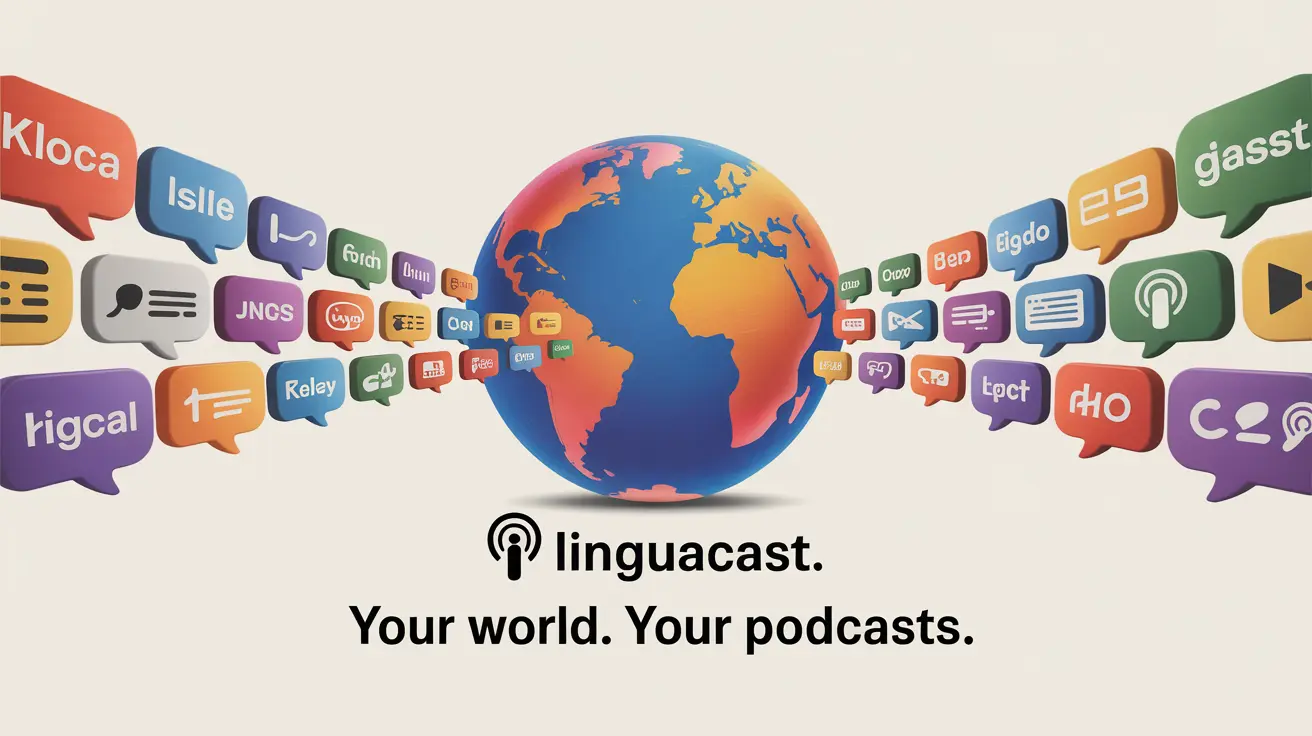 Globe surrounded by speech bubbles in different languages converting into podcast icons