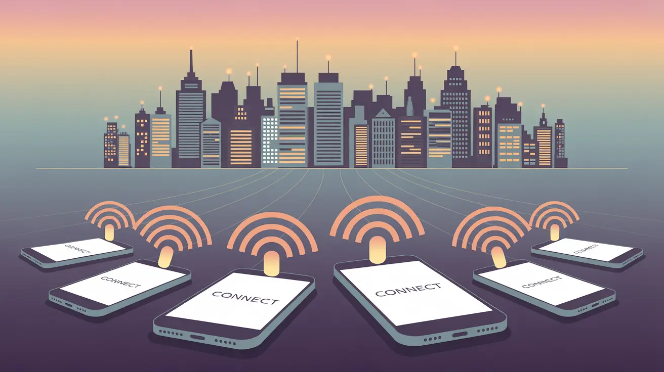 City skyline with radio waves reaching smartphones, symbolizing community broadcast