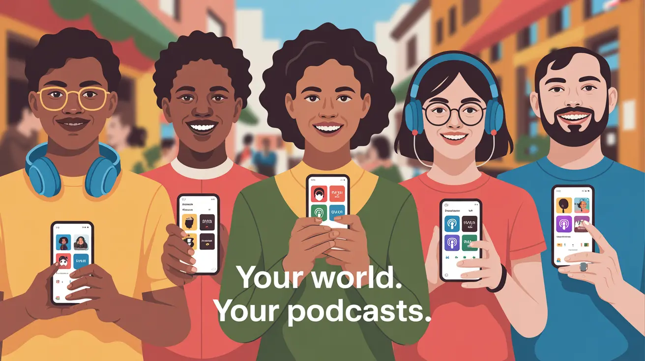 Hands of different skin tones holding phones showing podcasts in various languages